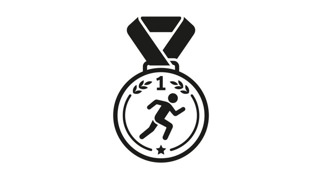A black and white illustration of a medal with a runner icon and laurel wreaths on a ribbon, symbolizing achievement and victory in sports.
