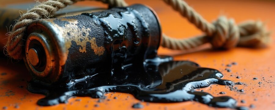 Old corroded battery leaks black fluid. Rope tied around device suggests danger hazard or imminent failure. Environmental waste pollution concept.