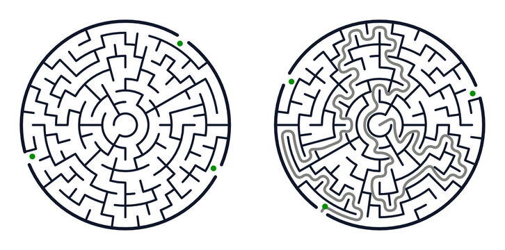 A set of two circular labyrinths: one empty and one with a marked solution. Black and white vector illustration of a puzzle with entry and exit points, isolated on a white background.