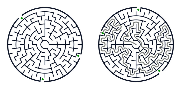 A set of two circular labyrinths: one empty and one with a marked solution. Black and white vector illustration of a puzzle with entry and exit points, isolated on a white background.