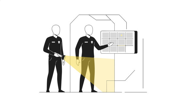 Security guards using flashlight inspect digital security system dashboard to ensure facility safety and protocol compliance during nightly rounds.