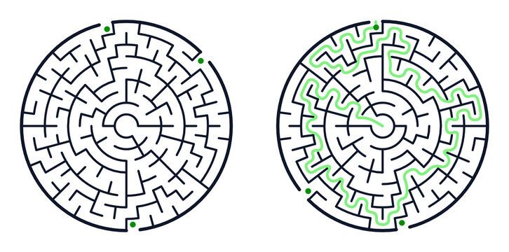 A set of two circular labyrinths: one empty and one with a marked solution. Black and white vector illustration of a puzzle with entry and exit points, isolated on a white background.