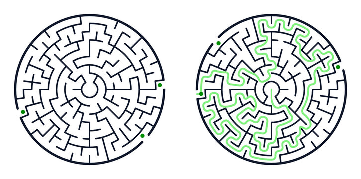 A set of two circular labyrinths: one empty and one with a marked solution. Black and white vector illustration of a puzzle with entry and exit points, isolated on a white background.