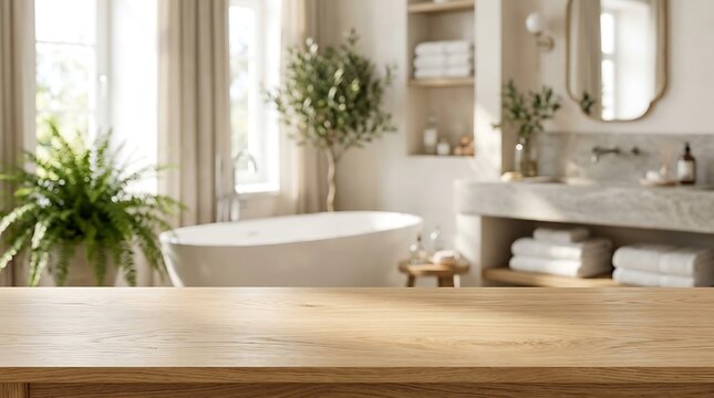 Empty wooden table top in modern minimalist bathroom interior background for product presentation and display mock up.