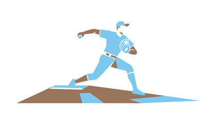 Fototapeta premium Baseball pitcher throwing a ball while standing on the pitcher mound with a glove in a dynamic sports action illustration for game concept.