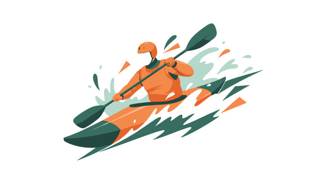 Adventurous person kayaking through rough water with a paddle while wearing a helmet and life jacket in a vibrant and dynamic illustration style.