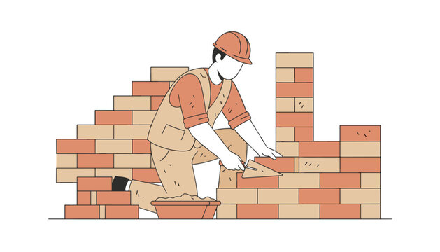Professional mason in protective gear working on a brick wall construction project with a trowel and mortar container.