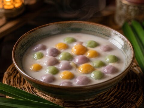 Bua Loy mit bunten Reisb&auml;llchen in warmer Kokosmilch, serviert in einer rustikalen Schale. Traditionelle thail&auml;ndische Nachspeise mit besonders cremiger Konsistenz.
