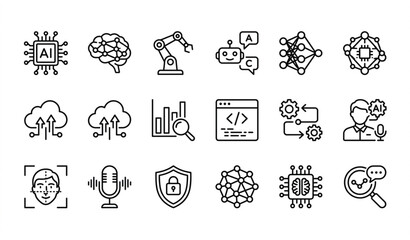 Fototapeta premium Minimal black and white artificial intelligence icons pack with neural network robotics and machine learning symbols vector isolated on white background