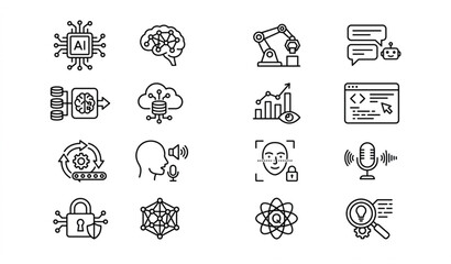 Fototapeta premium Minimal black and white artificial intelligence icons pack with neural network robotics and machine learning symbols vector isolated on white background
