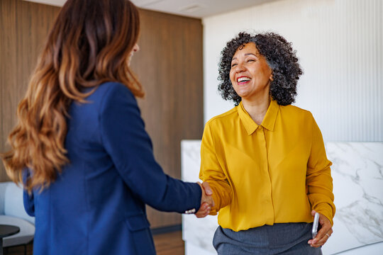 Professional businesswomen shaking hands in office representing successful partnership and business agreement