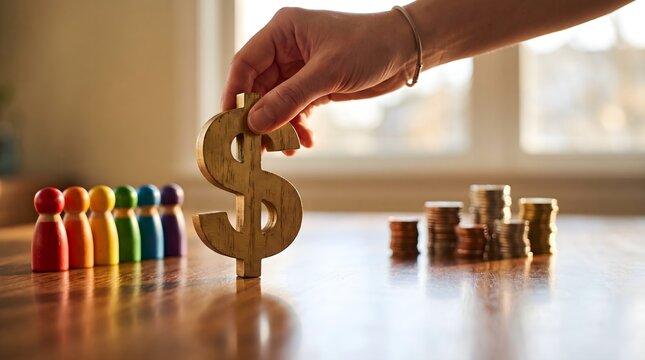 Hand Placing Wooden Dollar Sign Between Diverse People Figures and Coin Stacks &ndash; Financial Equity Concept