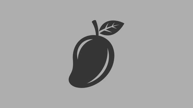 A simple black illustration of a mango with a leaf on a gray background.