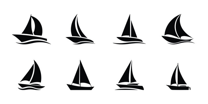 Black sailboat silhouette icon set for nautical design