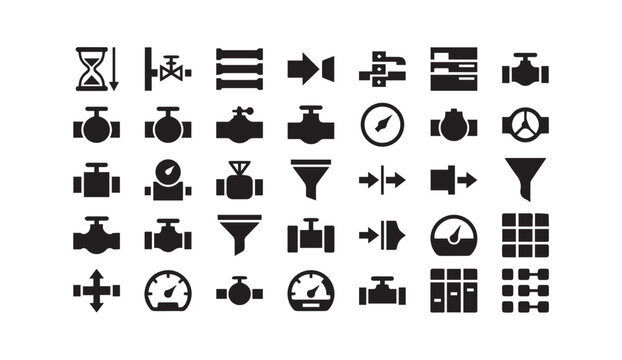 Collection of industrial valves and pipe system icons with industrial, plumbing