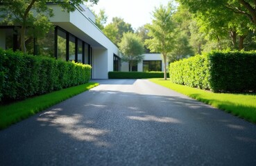 Fototapeta premium Asphalt driveway leads to modern house. Clean green hedges flank smooth road. Rich trees and manicured lawn surround luxury suburban residence on sunny day.