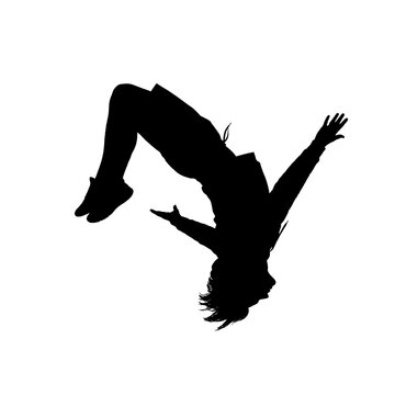 Dynamic parkour athlete performing mid air flip silhouette isolated on white