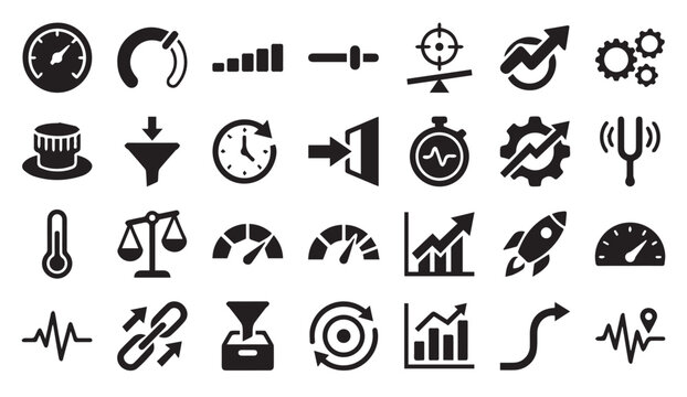 Set of black engineering dashboard and technical measurement icons with analysis