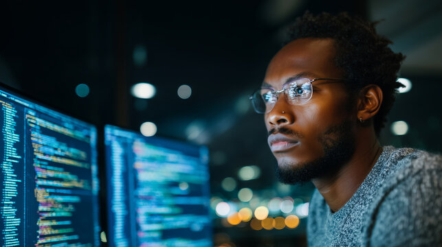 Focused male software developer working on multiple computer monitors displaying complex programming code in a modern office, software engineering workflow, coding environment, ful