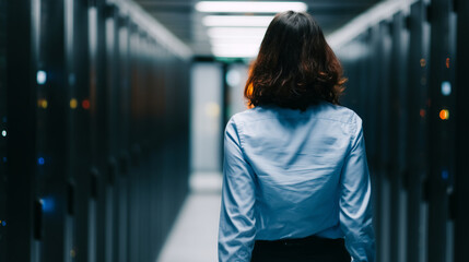Fototapeta premium Professional female IT specialist walking through a modern server room, back view, wearing a formal blue shirt and dark trousers, confidently moving between rows of server racks, d