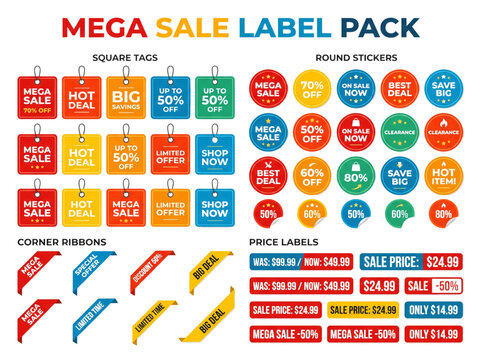 Colorful Mega Sale Label Pack with Discount Stickers Tags and Price Labels