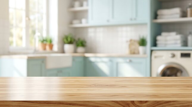 Empty Wood Table Top on Blurred Laundry Room Interior Background for Product Display and Copy Space Advertisement Banner