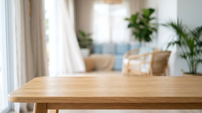 Empty wooden tabletop for product display mockup with blurred bright minimalist living room interior for home decor.