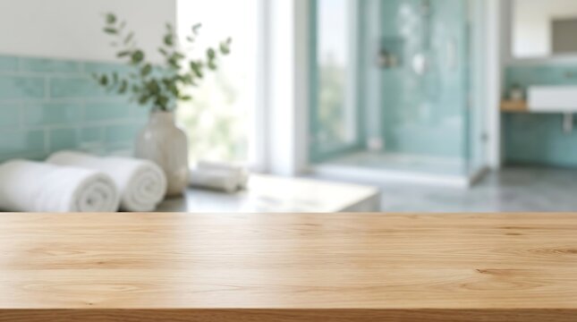 Empty wooden table top with blurred modern bathroom background for product display mockup presentation copy space.
