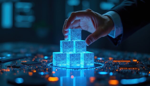 Hand stacks glowing blue digital cubes on circuit board. Symbolizing data, network architecture, and AI growth. Future tech and innovation concept.