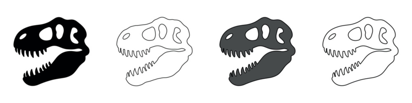Collection of dinosaur skull icons in black and white and grayscale