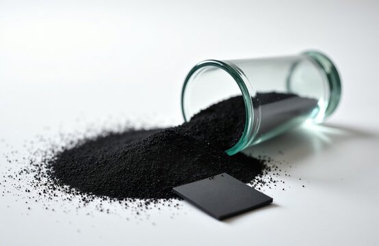 Black masterbatch granules spill from a glass vial onto a white surface. A small black chip shows color sample. This polymer is a plastic colorant.