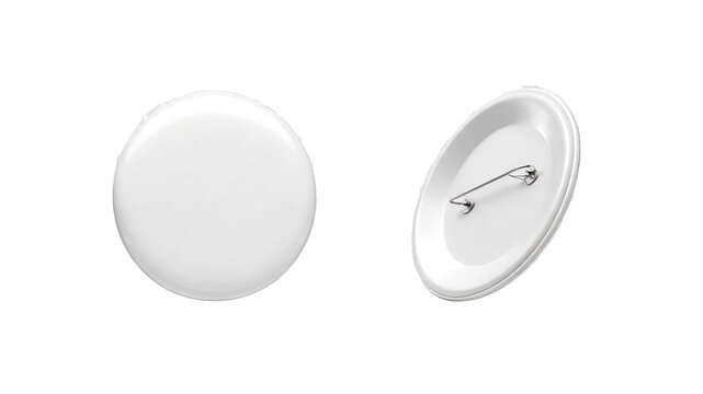 Blank round white pin badge front and back view with fastener accessory template branding background marketing corporate merchandise promotional campaign souvenir material as PNG element