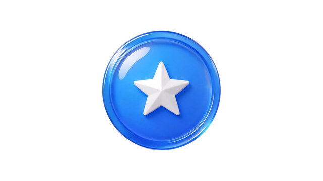 Blue 3D game token with white star icon achievement gamification currency interface celebration rendering as transparent object