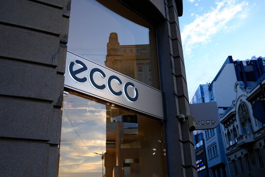 Belgrade, Serbia &ndash; July 1, 2026 &ndash; ECCO footwear store sign on building in the historic city center