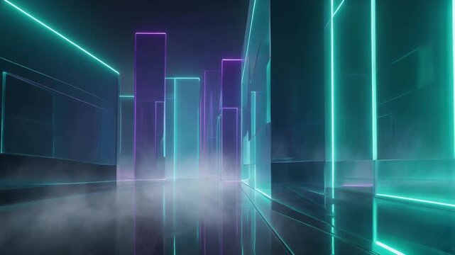 Travelling dans un corridor futuriste en verre violet et turquoise
