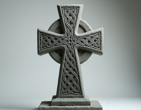 Stone Celtic cross with intricate knotwork pattern. Ancient symbol of faith and heritage. Religious art and craftsmanship from Ireland. Timeless design.