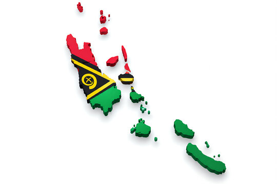 Vanuatu Map with Official National Flag, Realistic 3D Country Shape Isolated on White Background