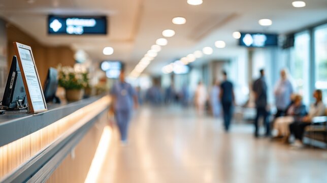 Medium shot of ambulatory center reception with front desk in sharp focus and blurred patients checking in bright wayfinding signs and seating in soft background.