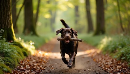 Naklejka premium Brown labrador dog runs on forest path with stick in mouth. Happy pet plays fetch in sunny woodland during outdoor walk. Active canine enjoys nature trail with falling leaves.