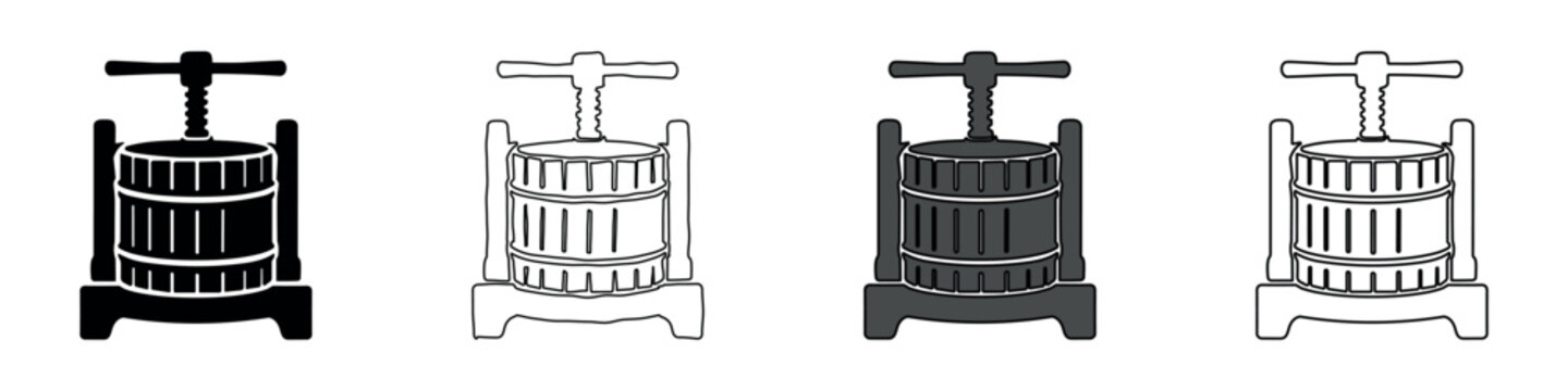 Set of four different icon styles of a traditional fruit press for juice extraction