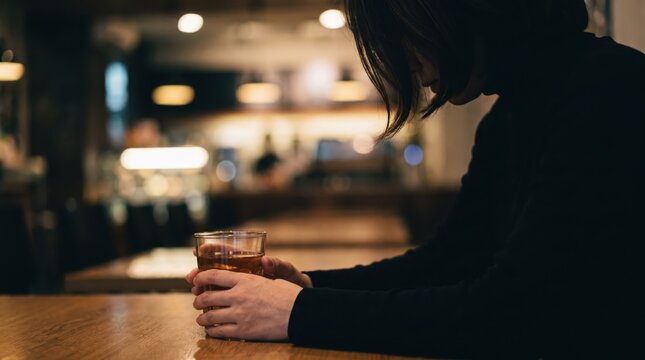 In a cozy cafe, a person in black clothing sits alone at a wooden table. They hold a glass and gaze down, lost in thought. The background shows blurred figures moving around