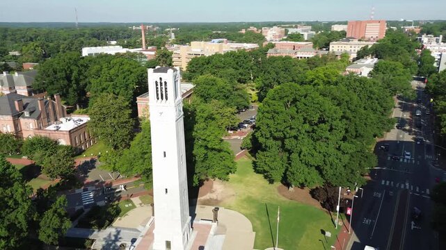 Aerial flyover view of the NC State University campus in Raleigh , North Carolina