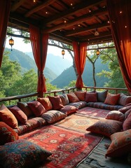 Fototapeta premium Bohemian style outdoor seating area with floor pillows and rugs set on wooden deck. Mountain valley view from covered porch with curtains. Cozy rustic relaxation spot for vacation.