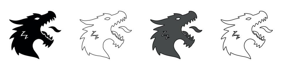 Stylized dragon head icon with open mouth and tongue, in black and white © Ophelia