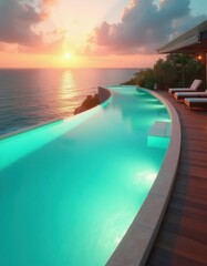 Fototapeta premium Curved infinity pool with glowing aqua water overlooks ocean at vibrant sunset. Wooden deck, lounge chairs await, offering tranquil seaside vacation vibes. Coastal resort relaxation, beautiful