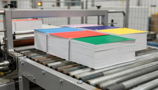 Medium shot of automated assembly line producing highspeed stapled singlesubject school exercise books with crisp white pages and vibrant colored covers in bulk manufacturing