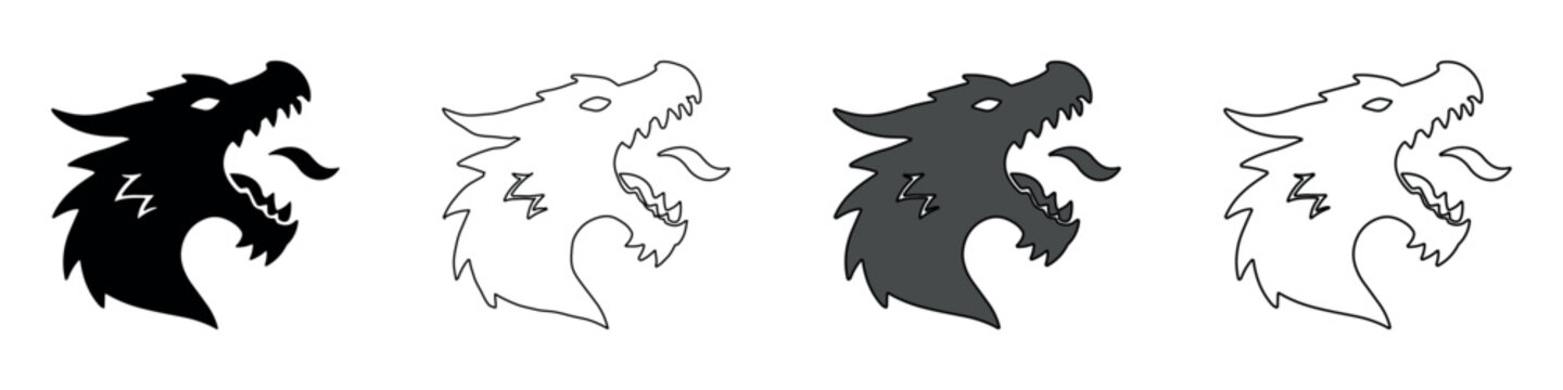 Stylized dragon head icon with open mouth and tongue, in black and white