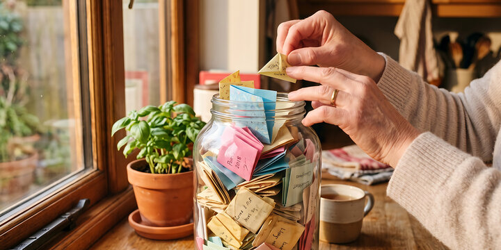 Woman's hands putting folded paper message into memory jar by sunlit window, capturing moments, gratitude, and reflection.