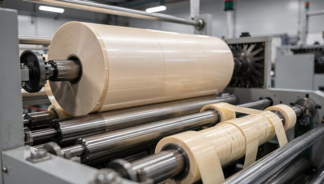 Medium shot showing doublesided adhesive tape jumbo roll undergoing slitting process with visible rollers and cutting blades in a manufacturing environment.