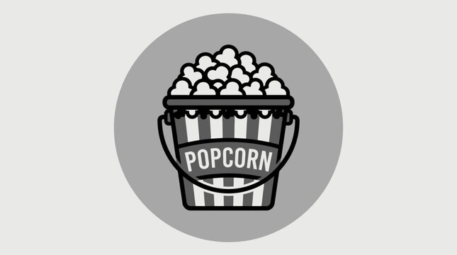 A black and white illustration of a striped popcorn bucket filled with popcorn.
